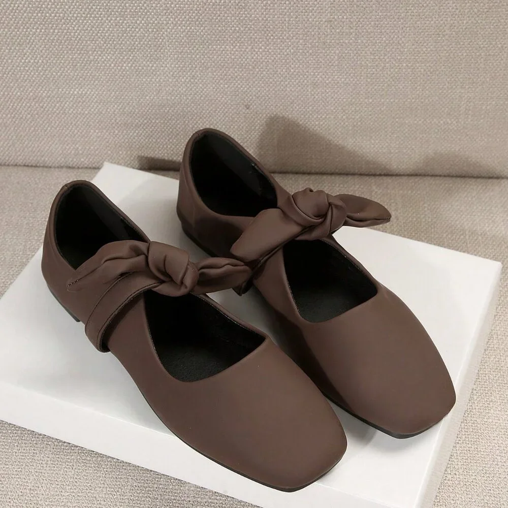Coffee Brown Elegant Women's Low-Cut Flats with Bow Accent